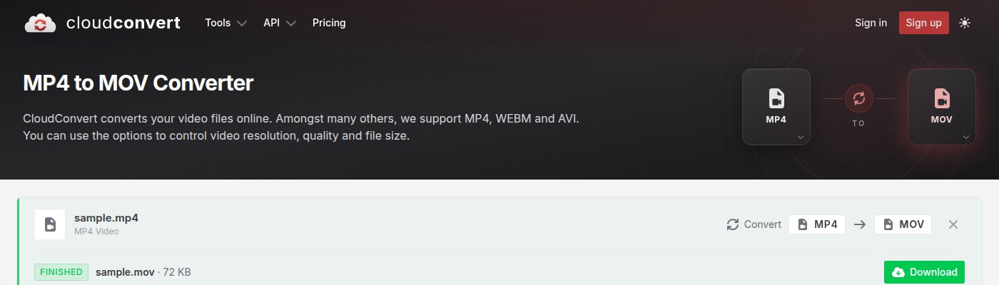 CloudConvert showing FINISHED with the converted file size and a Download button