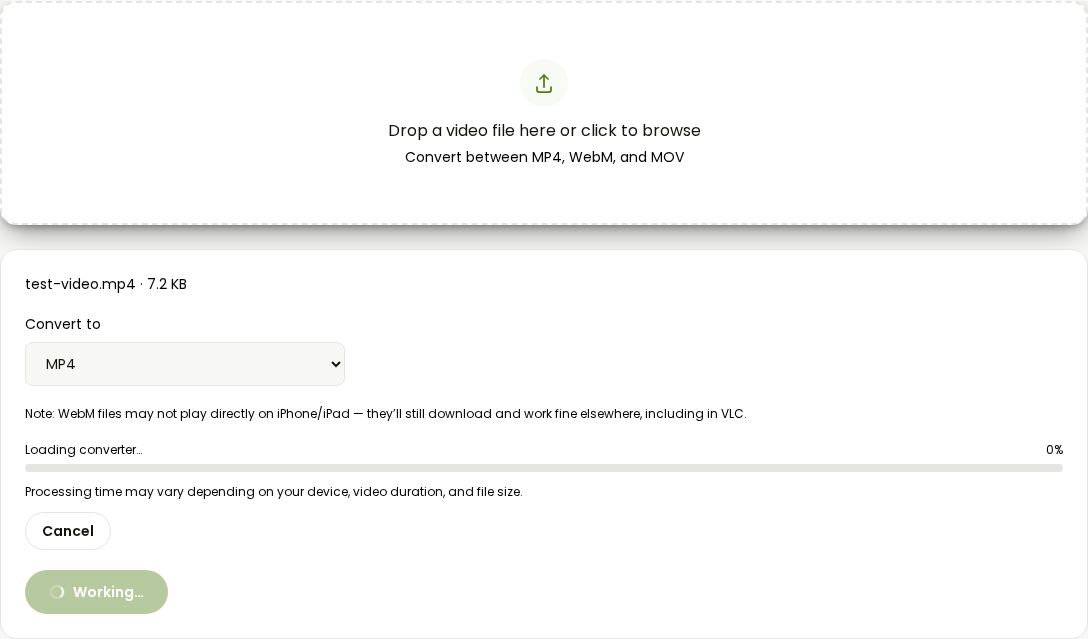 the output format dropdown open, showing MP4, WebM, and MOV as options