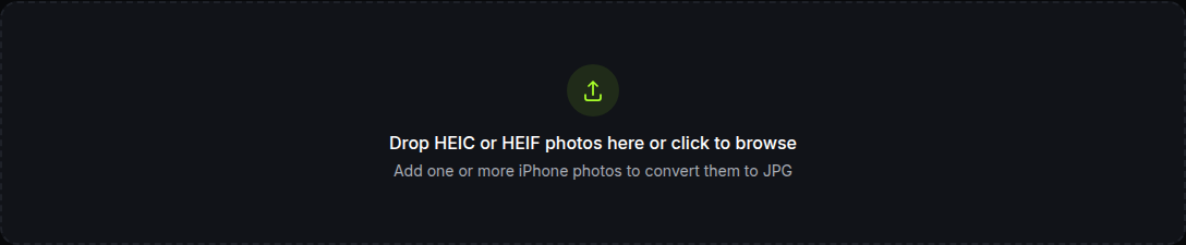 the HEIC to JPG tool's empty upload area, reading "Drop HEIC or HEIF photos here or click to browse"