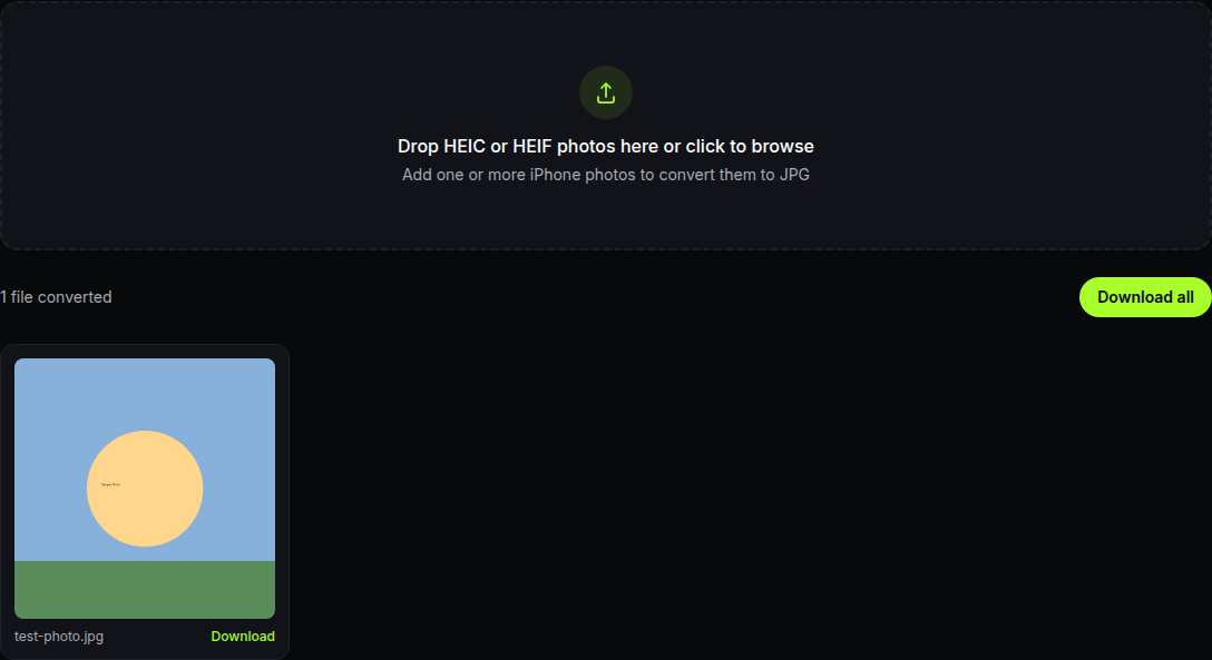 the finished result: a converted JPG thumbnail with its filename, a Download link, and a Download all button