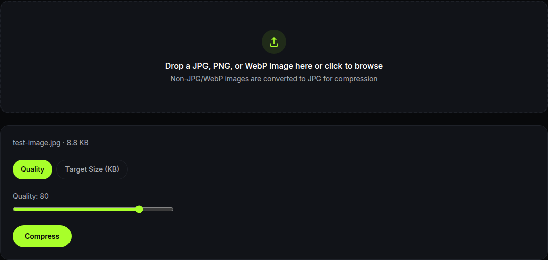 the loaded image showing filename, size, and the quality slider