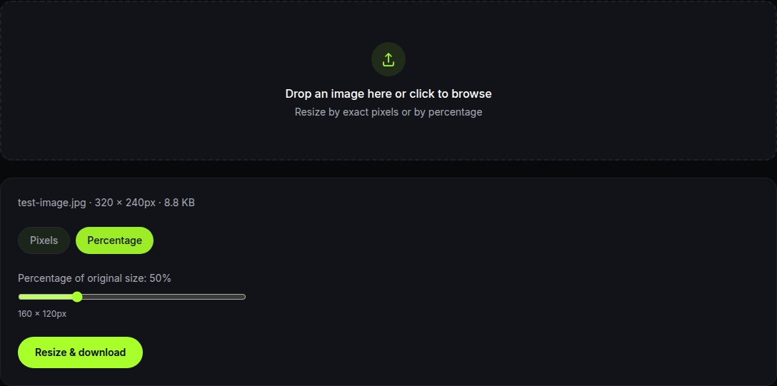 the percentage slider set to around 50%, with the new pixel dimensions shown underneath