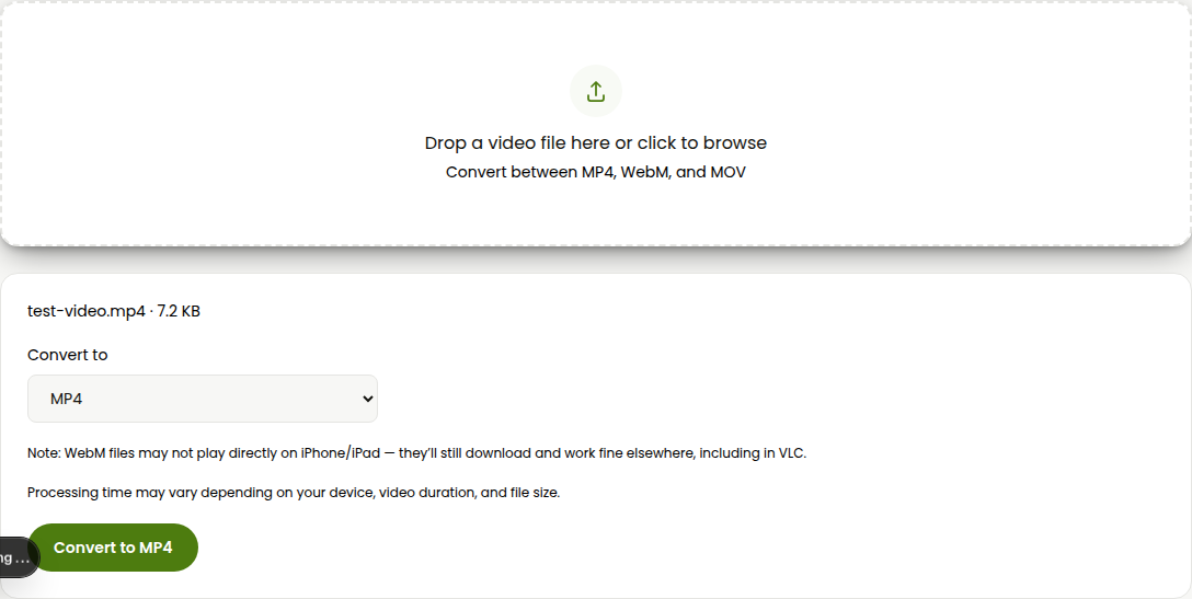 the video converter's drop zone with the hint text "Drop a video file here or click to browse"