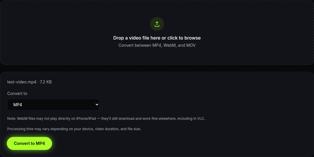 the video converter with a file loaded, the output format dropdown set to MP4, and the Convert to MP4 button ready to click