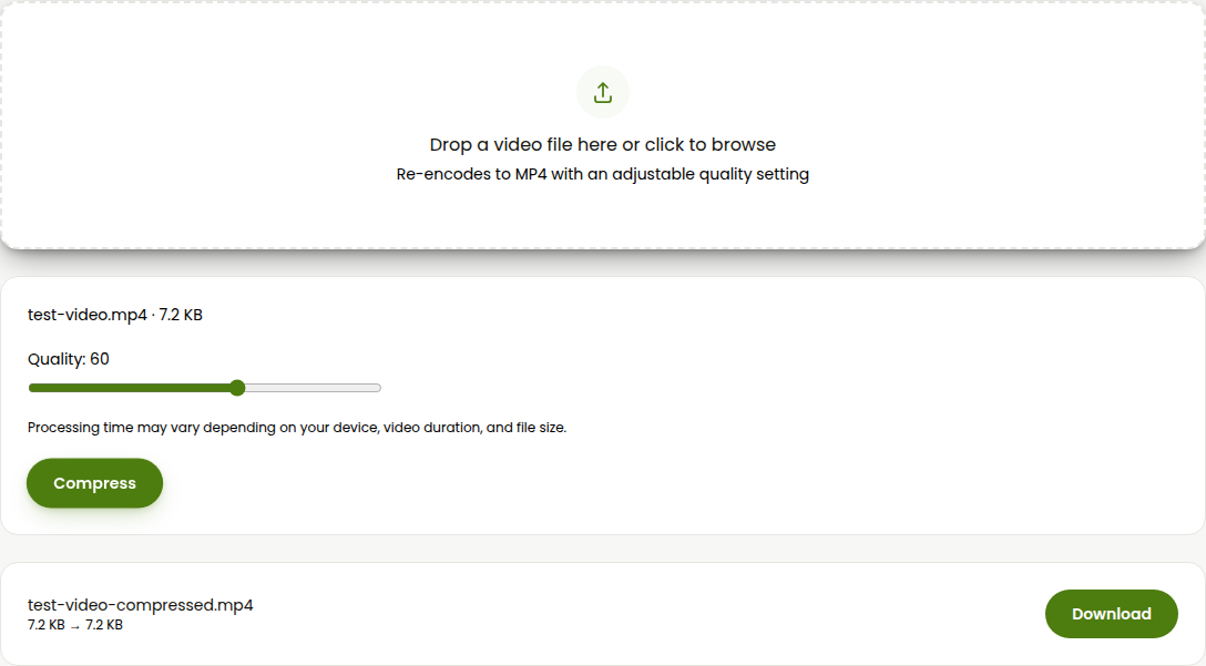 the finished result panel showing the compressed file's size next to the original, with the Download button visible