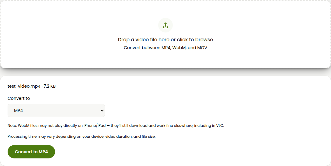 the video converter's drop zone with the hint text for dropping a video file